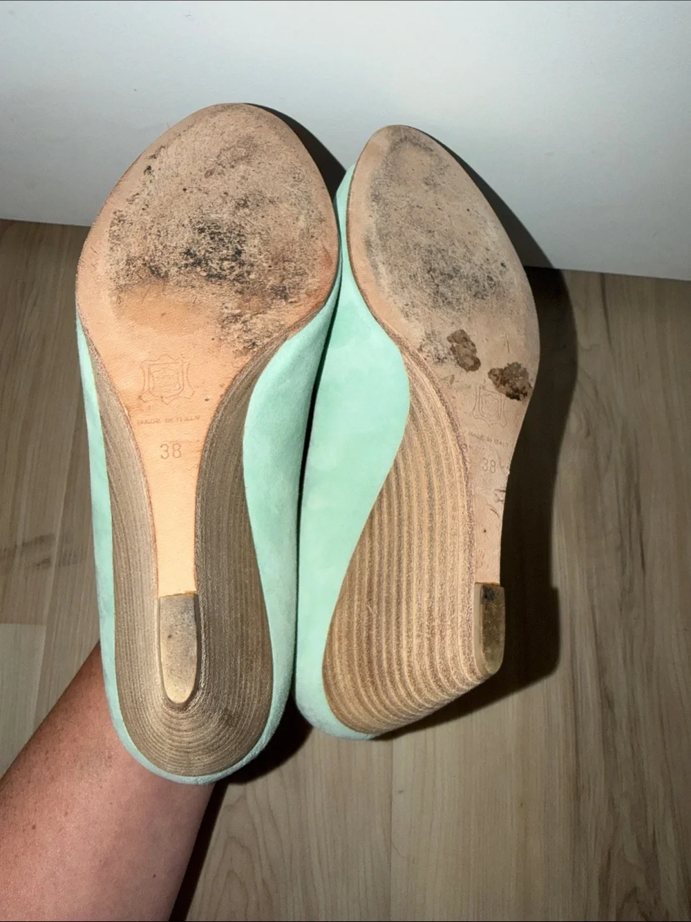 Pierre Hardy Mint Suede Peep-Toe Wedge Pumps